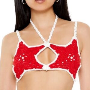 New. Red and White Crochet Halter Top